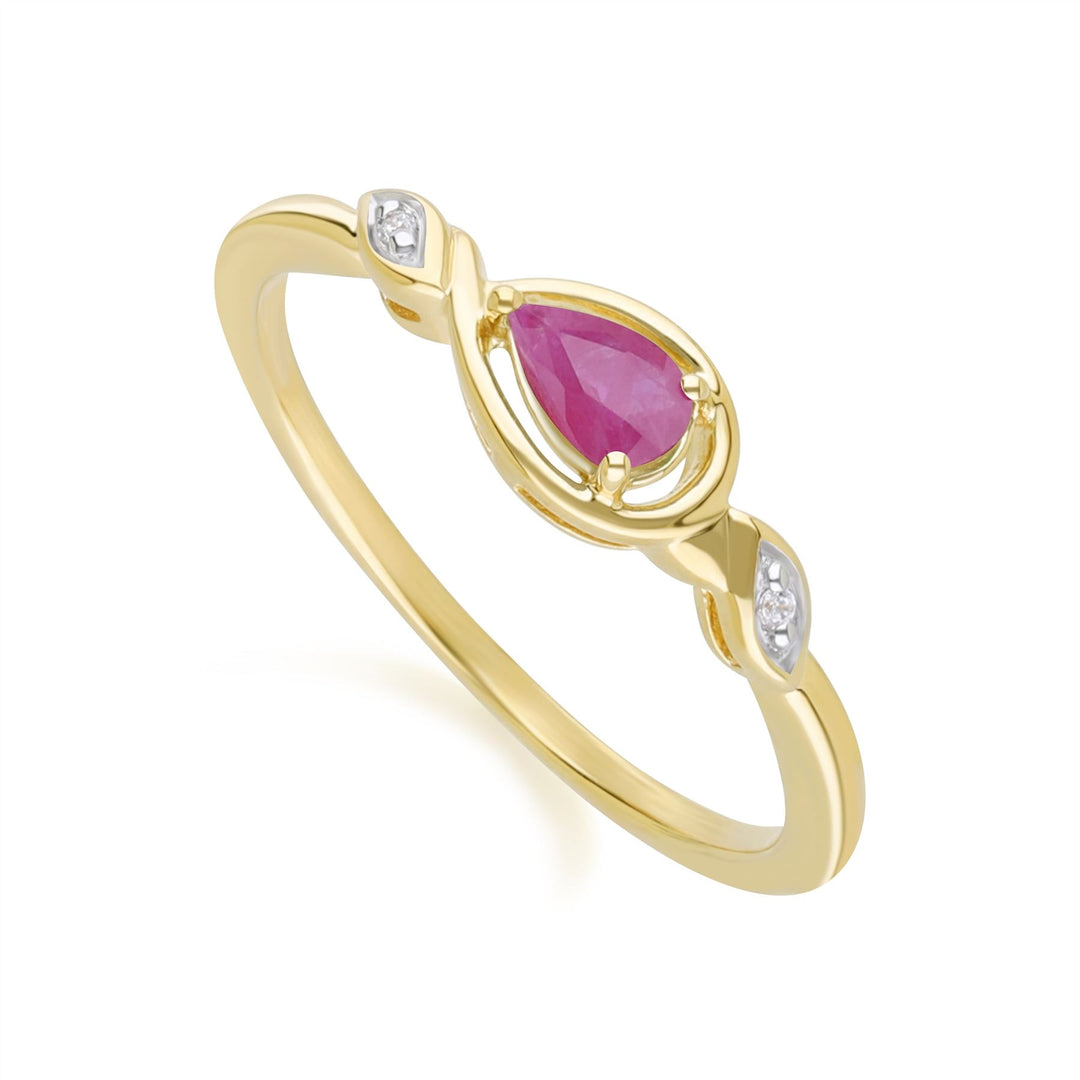 Anillo clásico de rubí y diamante en forma de pera en oro amarillo de 9 quilates
