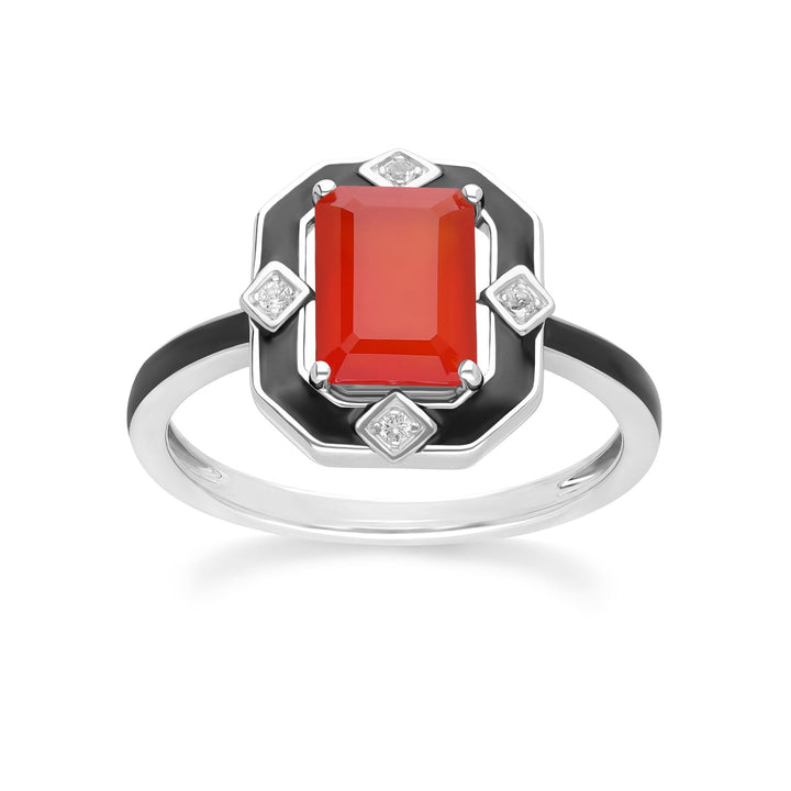 Anillo Grand Deco de esmalte negro, cornalina y topacio en plata de ley