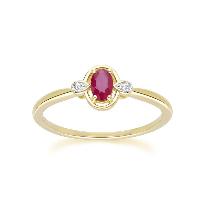 Anillo clásico de rubí ovalado y diamante redondo en oro amarillo de 9 quilates