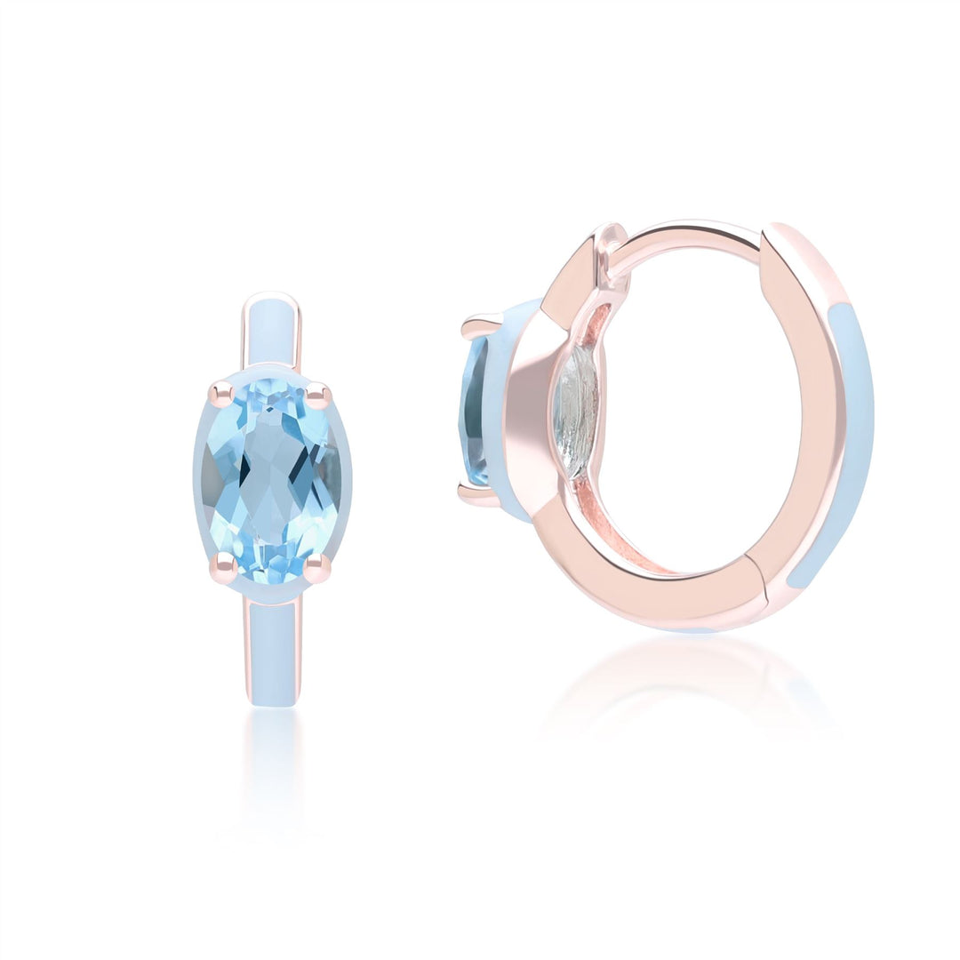Pendientes de aro con esmalte azul y topacio azul cielo ovalado de Vals Siberiano en oro vermeil rosa
