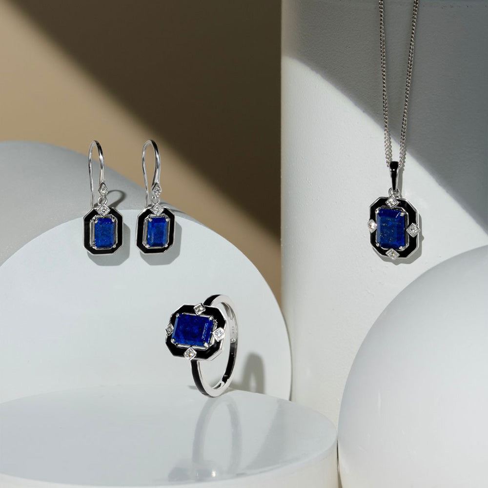 Grand Deco Black Enamel, Lapis Lazuli & Topaz Drop Earrings in Sterling Silver