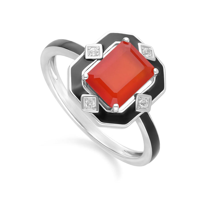 Anillo Grand Deco de esmalte negro, cornalina y topacio en plata de ley