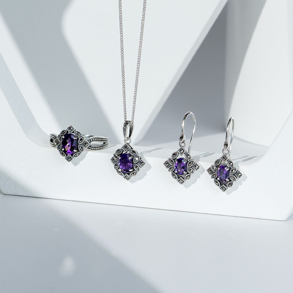 Art Deco Style Oval Amethyst & Marcasite Pendant Necklace in Sterling Silver