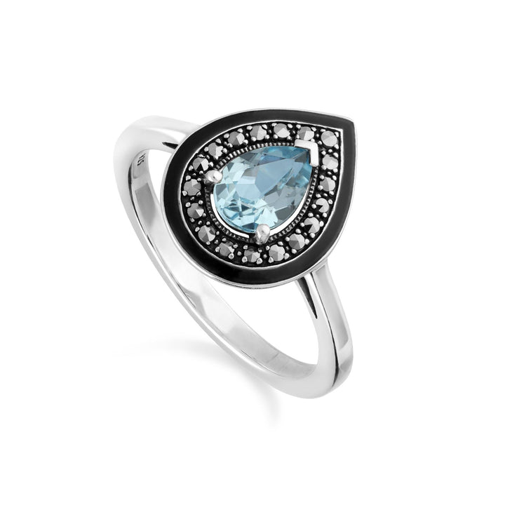 Anillo de topacio azul y marcasita con corte de pera de inspiración Art Déco