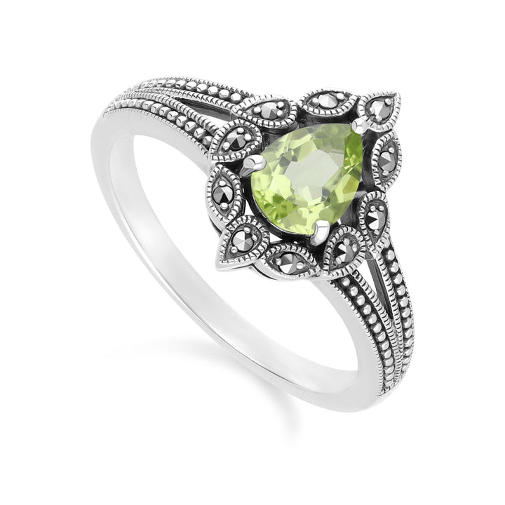 Anillo de peridoto y marcasita estilo Art Déco en plata de ley.