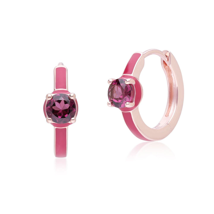 Pendientes de aro de rodolita redonda y esmalte rosa de Vals Siberiano en oro vermeil rosa