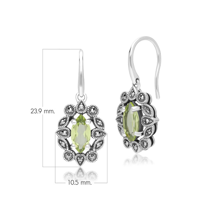 Pendientes colgantes de peridoto y marcasita estilo marquesa en plata de ley estilo art déco