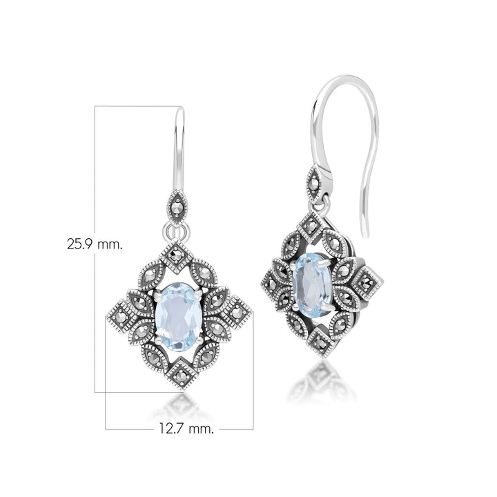 Pendientes colgantes de topacio azul ovalado y marcasita estilo Art Déco en plata de ley