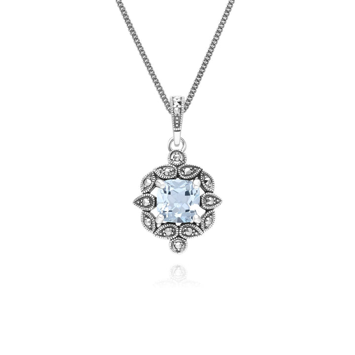 Collar con colgante de topacio azul y marcasita estilo cojín estilo Art Déco en plata de ley