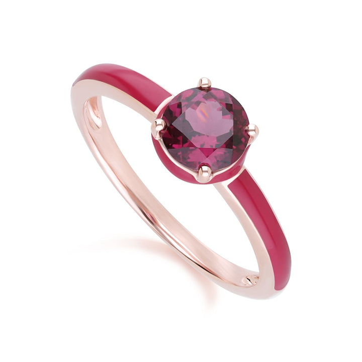 Anillo de rodolita redonda con esmalte rosa y vals siberiano en oro vermeil rosa