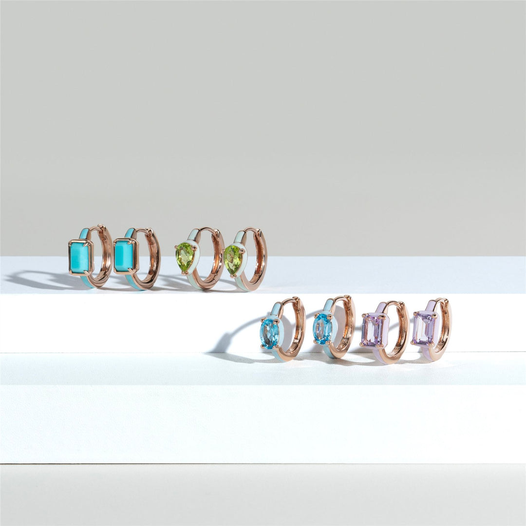 Pendientes de aro con esmalte azul y turquesa octogonal de Vals Siberiano en oro vermeil rosa