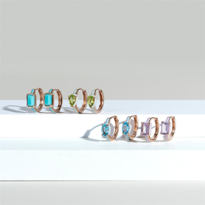 Pendientes de aro con esmalte azul y turquesa octogonal de Vals Siberiano en oro vermeil rosa