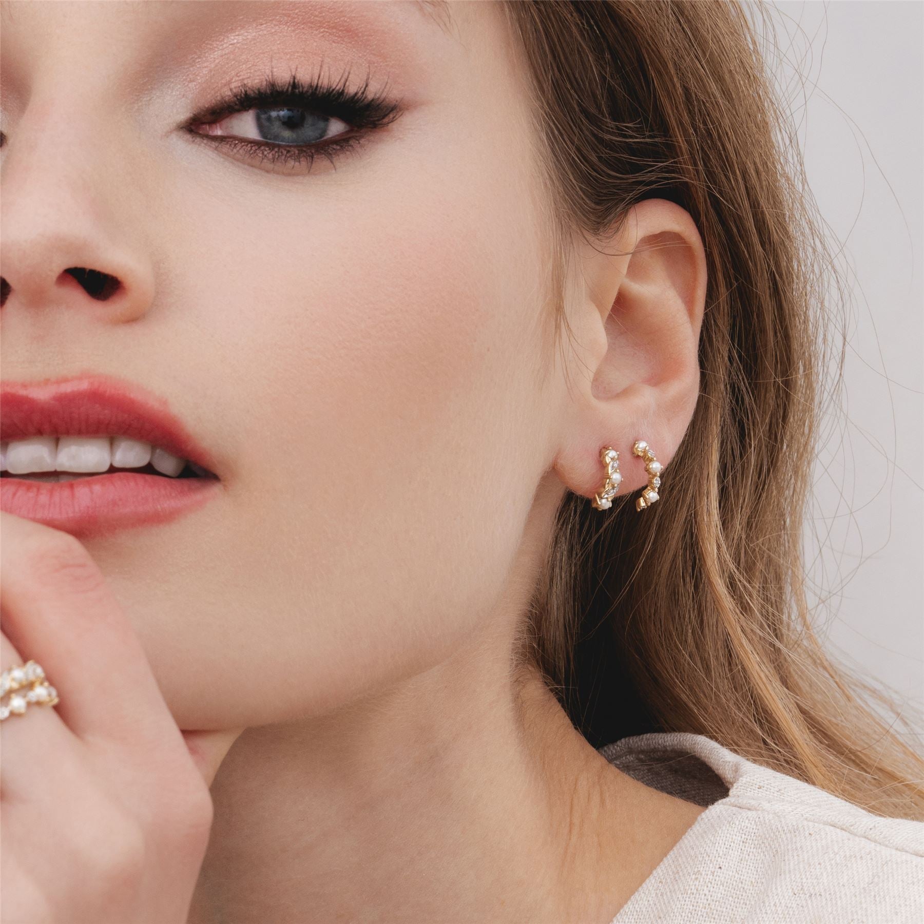 classic-art-nouveau-style-pearl-diamond-half-eternity-hoop-earrings-in-9ct-yellow-gold-135e1883019 on Model