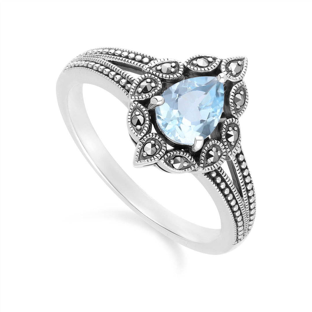 Anillo Art Déco de topacio azul pera y marcasita en plata de ley