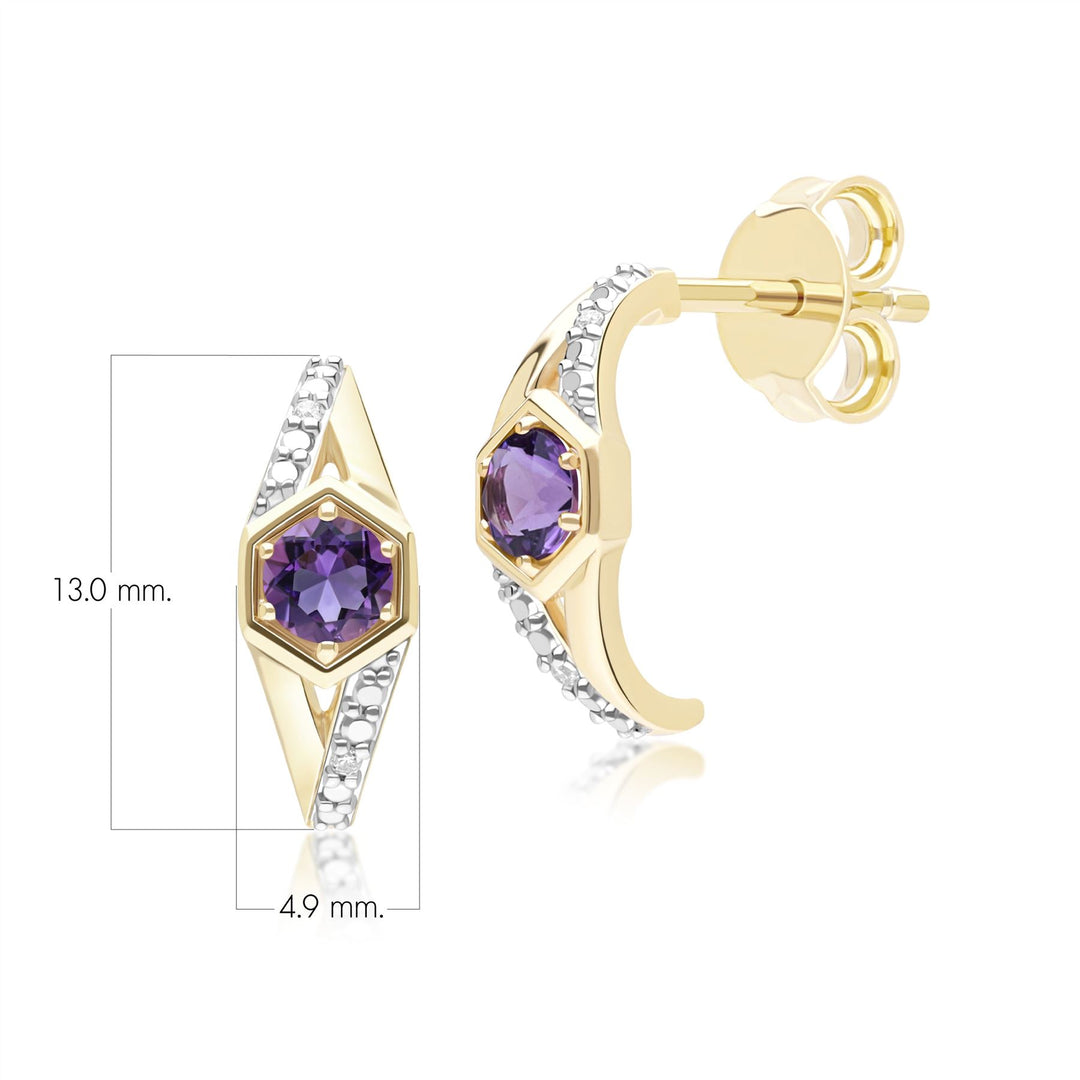 Geometric Hexagon with Prong set Round Amethyst and Diamond Half Hoop Earrings in 9ct Yellow Gold