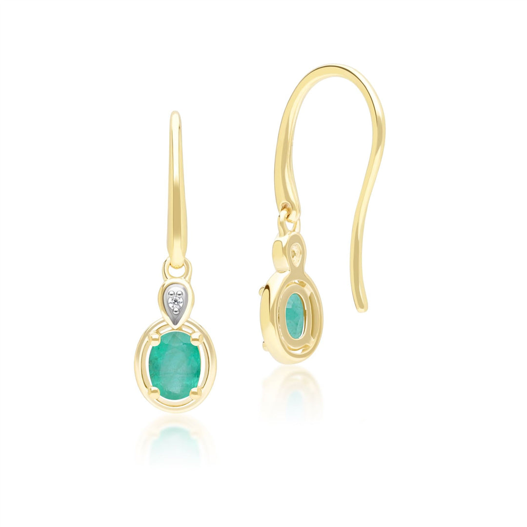 Pendientes colgantes clásicos de esmeralda ovalada y diamantes redondos en oro amarillo de 9 quilates