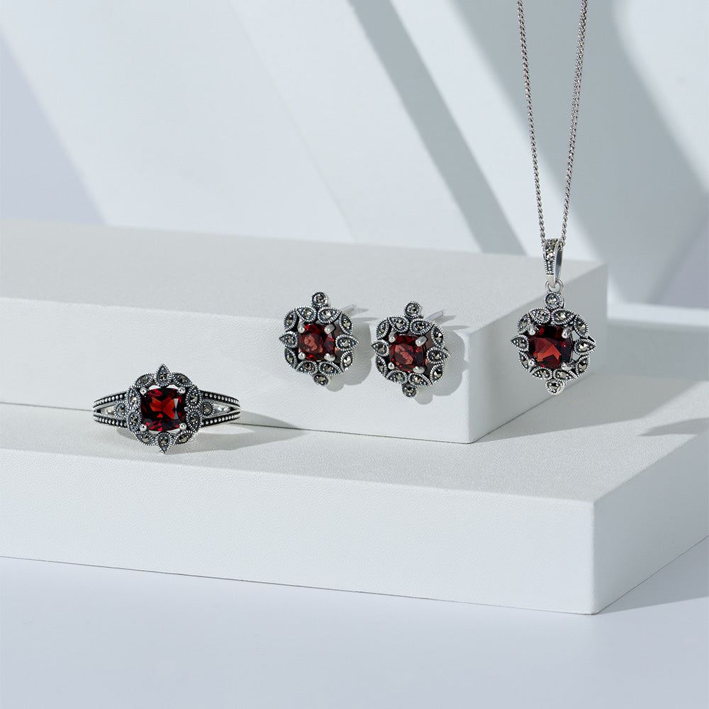 Art Deco Style Cushion Garnet & Marcasite Pendant Necklace in Sterling Silver