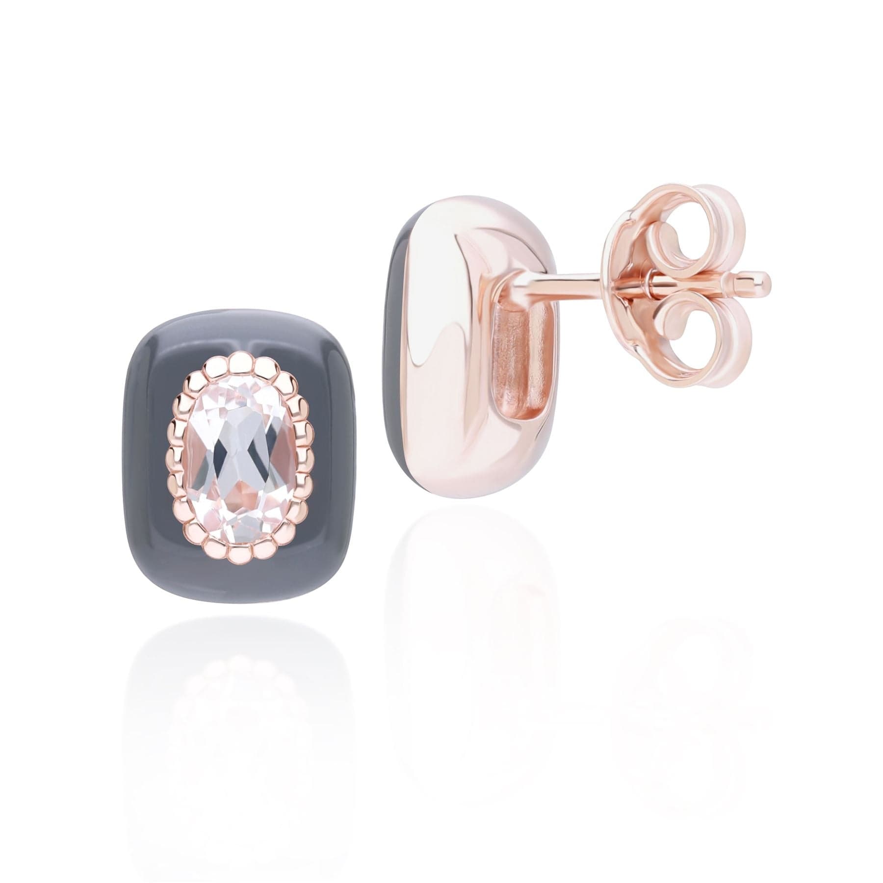 270E035590925 Siberian Waltz Black Enamel & Oval Topaz Stud Earrings in Rose Gold Plated Sterling Silver Side