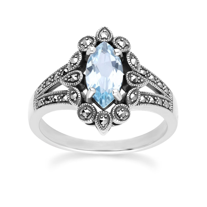Anillo de topacio azul marquesa y marcasita estilo art déco en plata de ley
