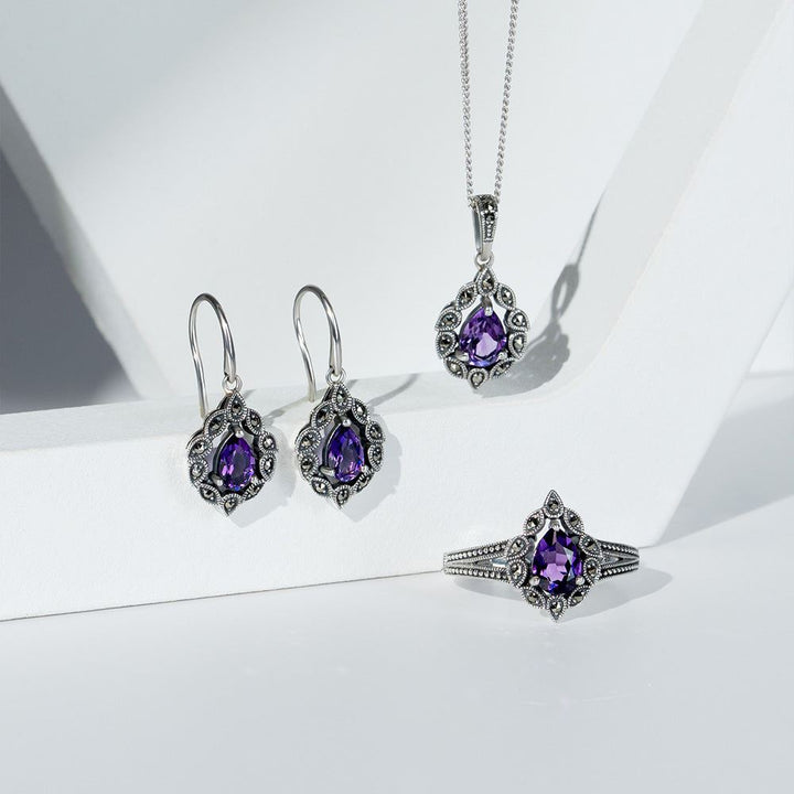 Pendientes colgantes de amatista y marcasita estilo Art Déco en plata de ley.