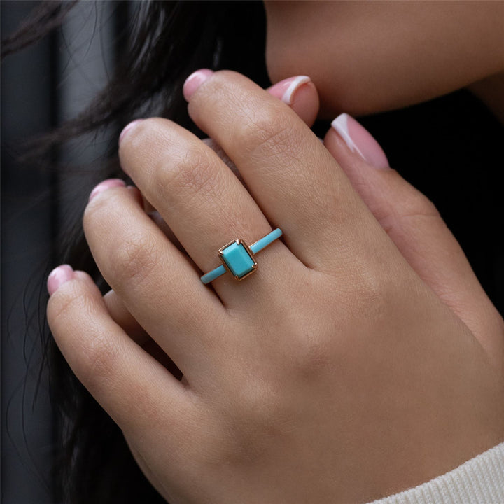 Anillo de esmalte azul y turquesa octogonal de Vals Siberiano en oro vermeil rosa