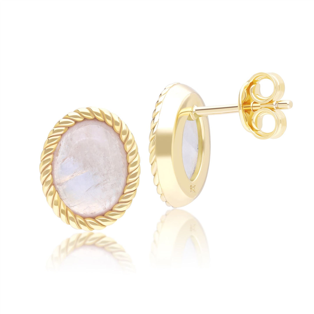 Pendientes clásicos de piedra lunar arcoíris ovalada en oro amarillo de 9 quilates