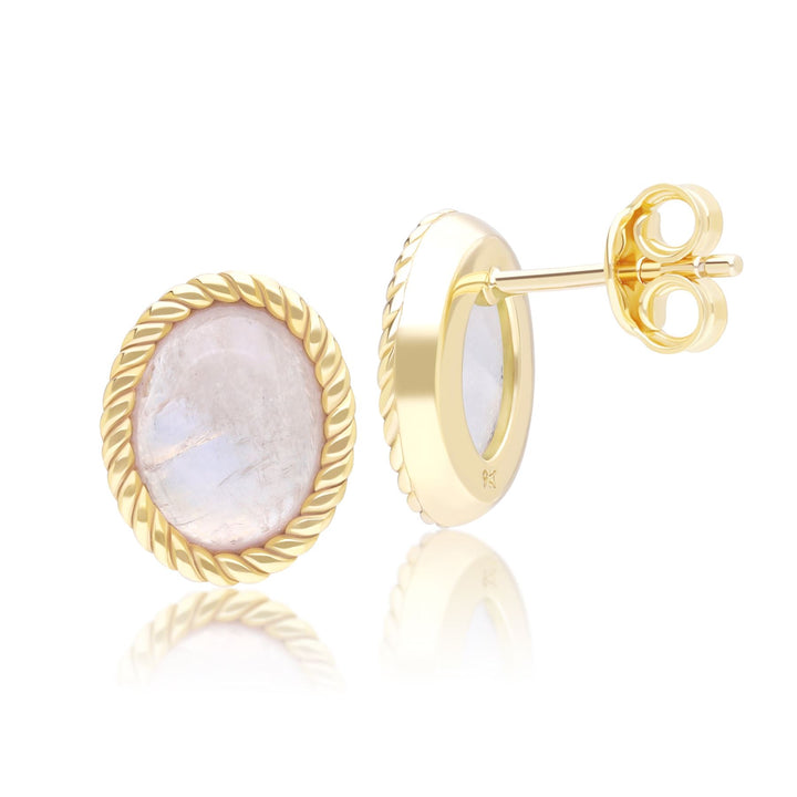 Pendientes clásicos de piedra lunar arcoíris ovalada en oro amarillo de 9 quilates