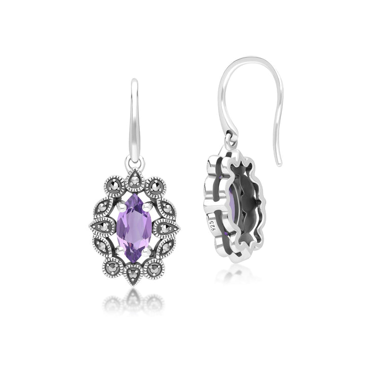Pendientes colgantes de amatista y marcasita estilo marquesa en plata de ley estilo art déco.