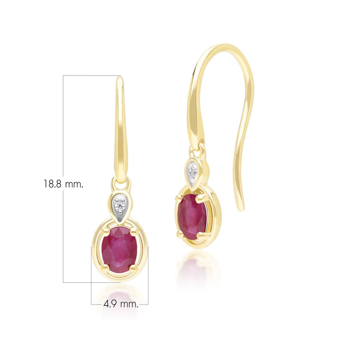 Pendientes colgantes clásicos de rubí ovalado y diamante redondo en oro amarillo de 9 quilates