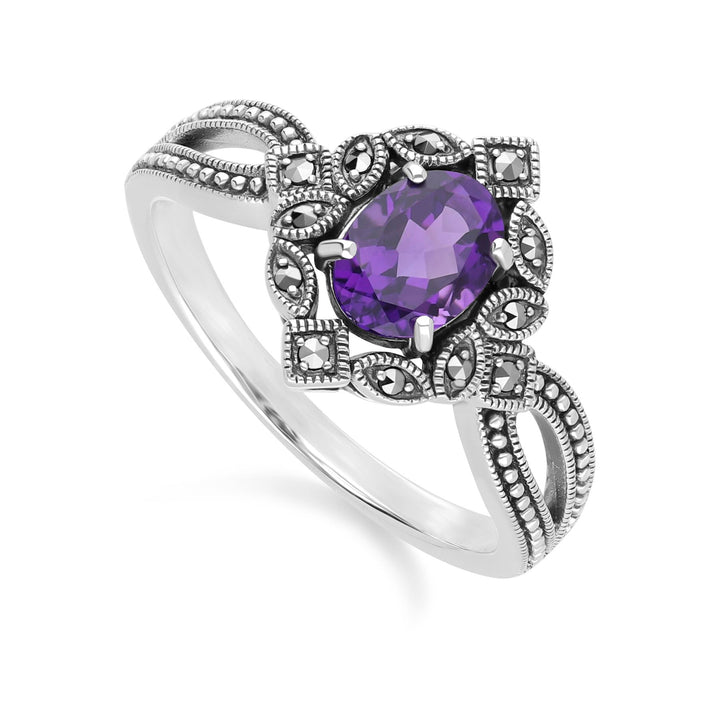 Anillo ovalado de amatista y marcasita estilo art déco en plata de ley