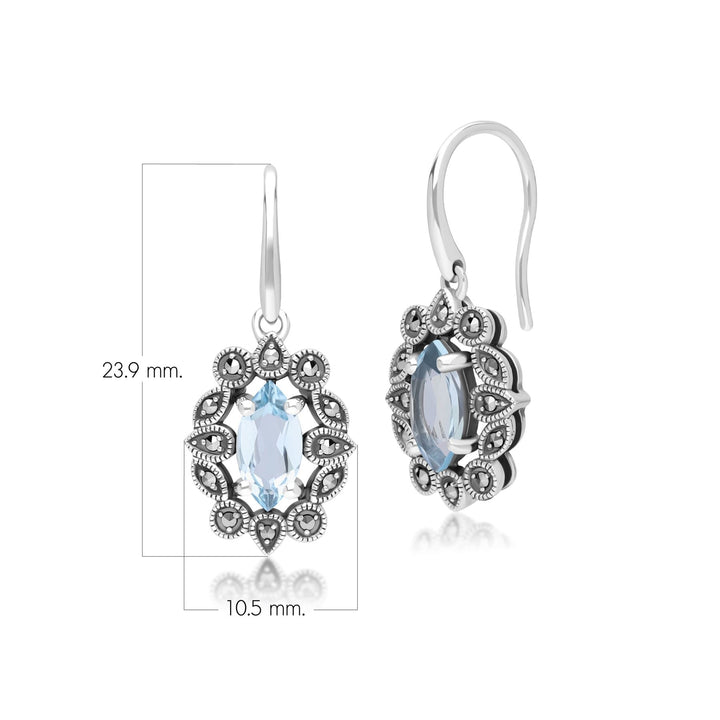 Pendientes colgantes de topacio azul marquesa y marcasita estilo art déco en plata de ley