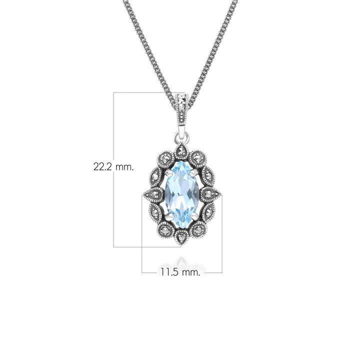 Collar con colgante de topacio azul marquesa y marcasita estilo art déco en plata de ley.