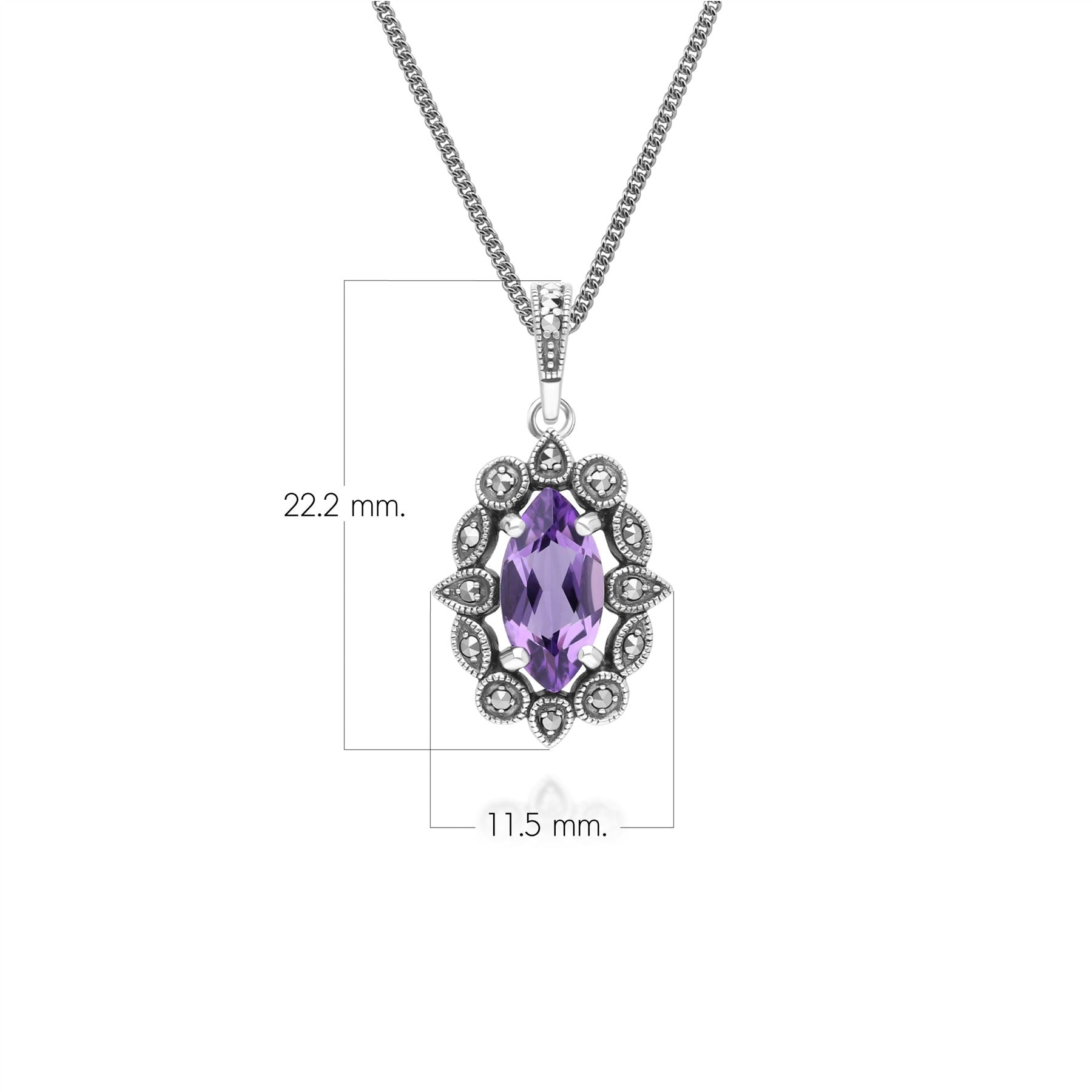 Art Deco Style Marquise Amethyst & Marcasite Pendant Necklace in Sterling Silver