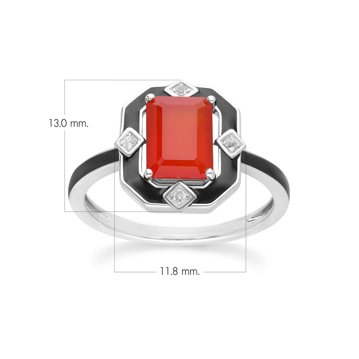 Anillo Grand Deco de esmalte negro, cornalina y topacio en plata de ley