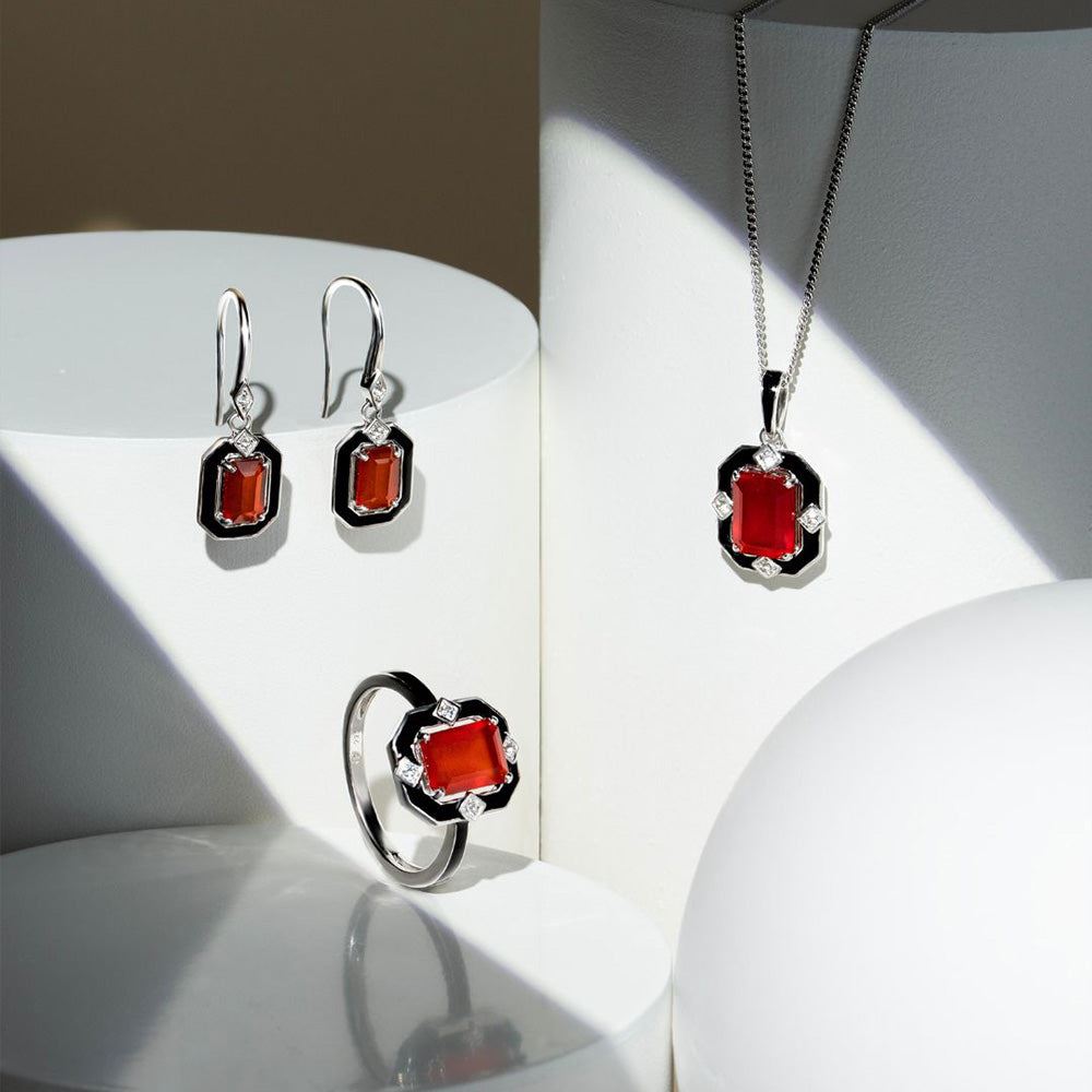 Grand Deco Black Enamel, Carnelian & Topaz Ring in Sterling Silver