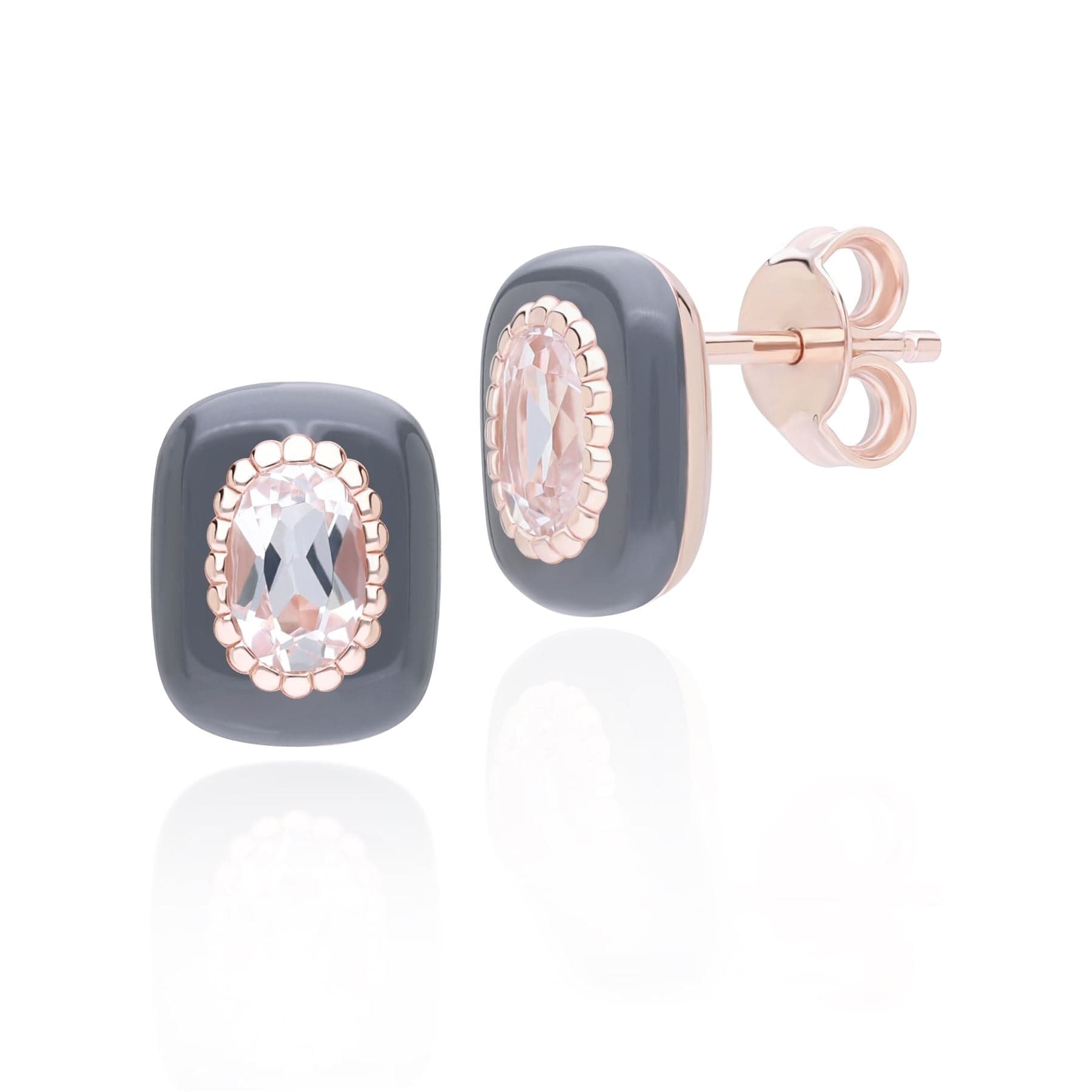 270E035590925 Siberian Waltz Black Enamel & Oval Topaz Stud Earrings in Rose Gold Plated Sterling Silver Front