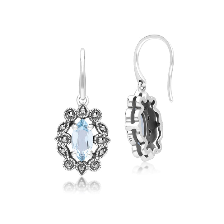Pendientes colgantes de topacio azul marquesa y marcasita estilo art déco en plata de ley