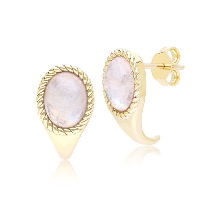 Pendientes clásicos de piedra lunar arcoíris ovalada en oro amarillo de 9 quilates.
