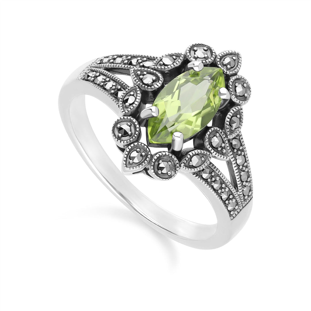 Anillo de peridoto y marcasita estilo marquesa Art Déco en plata de ley