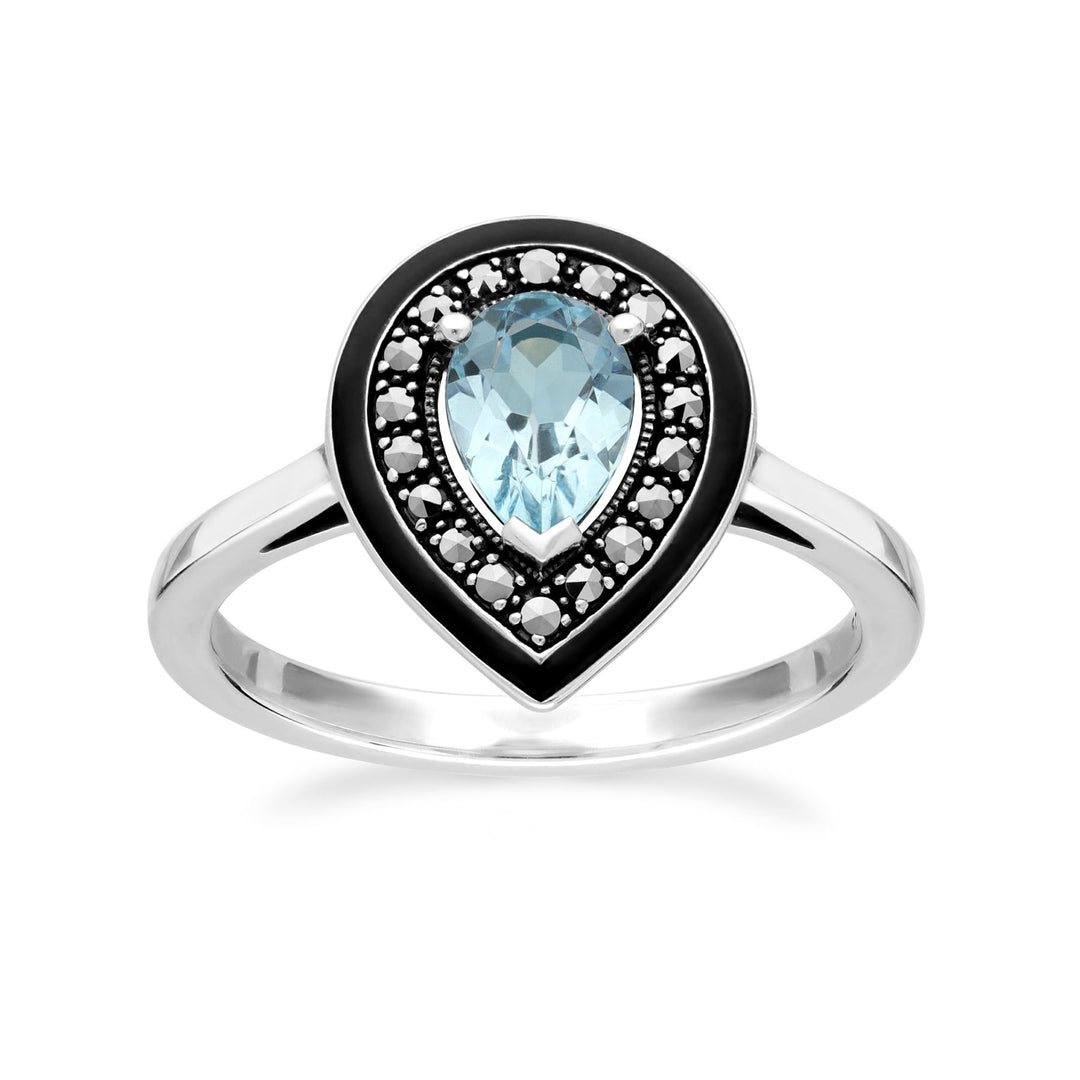Anillo de topacio azul y marcasita con corte de pera de inspiración Art Déco