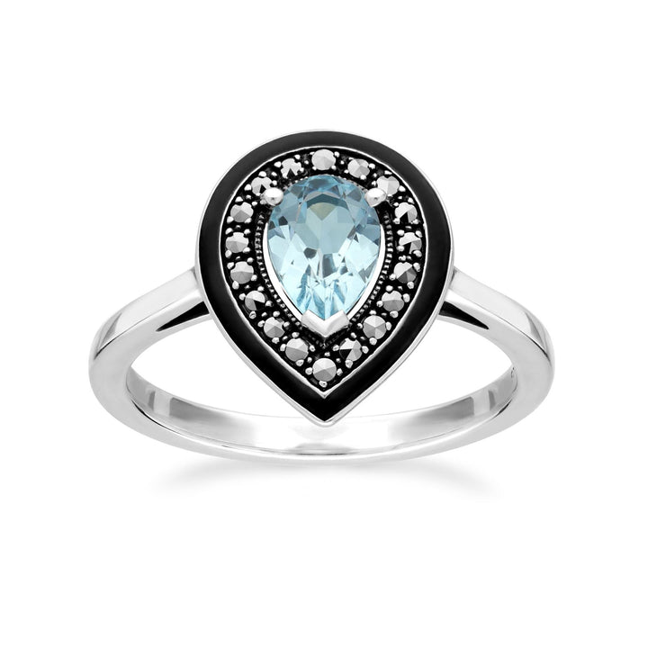 Anillo de topacio azul y marcasita con corte de pera de inspiración Art Déco