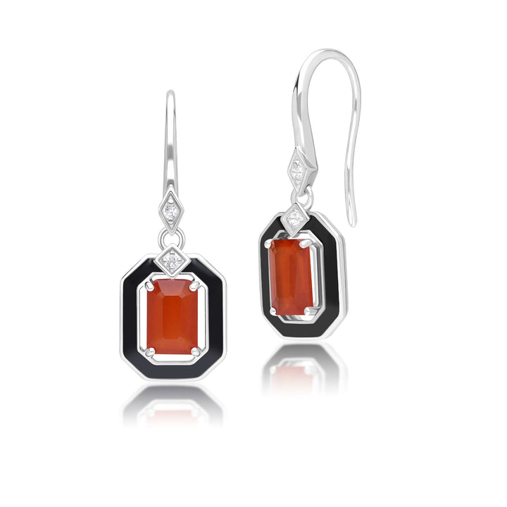 Pendientes colgantes Grand Deco de esmalte negro, cornalina y topacio en plata de ley