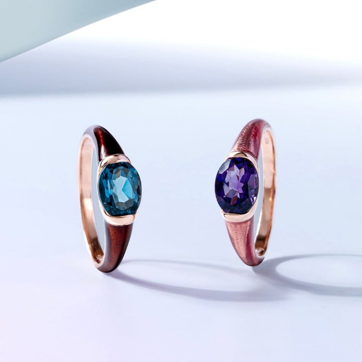 Siberian waltz Oval london blue topaz  with brown enamelled half-bezel ring in rose gold vermeil sterling silver