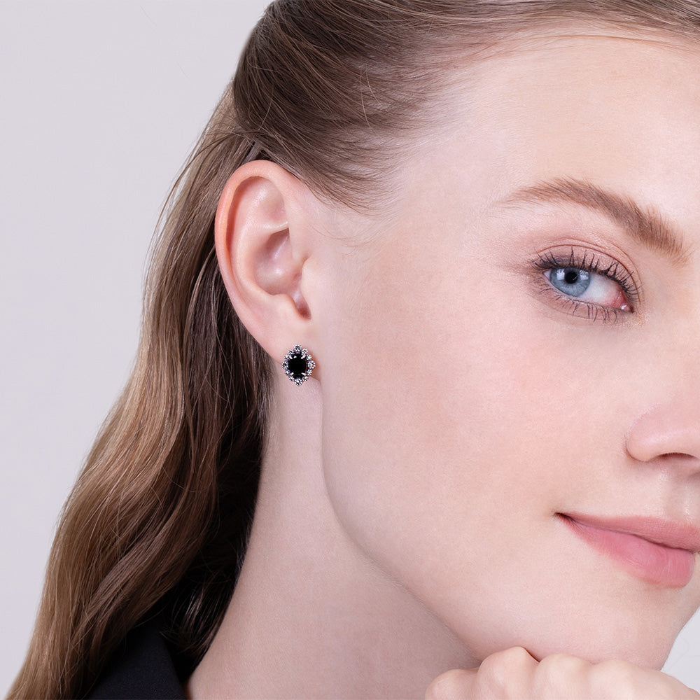 Aretes ovalados de espinela negra y marcasita estilo Art Deco en plata de ley 925