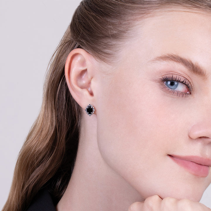 Aretes ovalados de espinela negra y marcasita estilo Art Deco en plata de ley 925