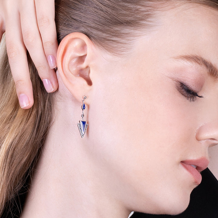 Aretes colgantes triangulares de lapislázuli y marcasita estilo Art Deco en plata de ley 925
