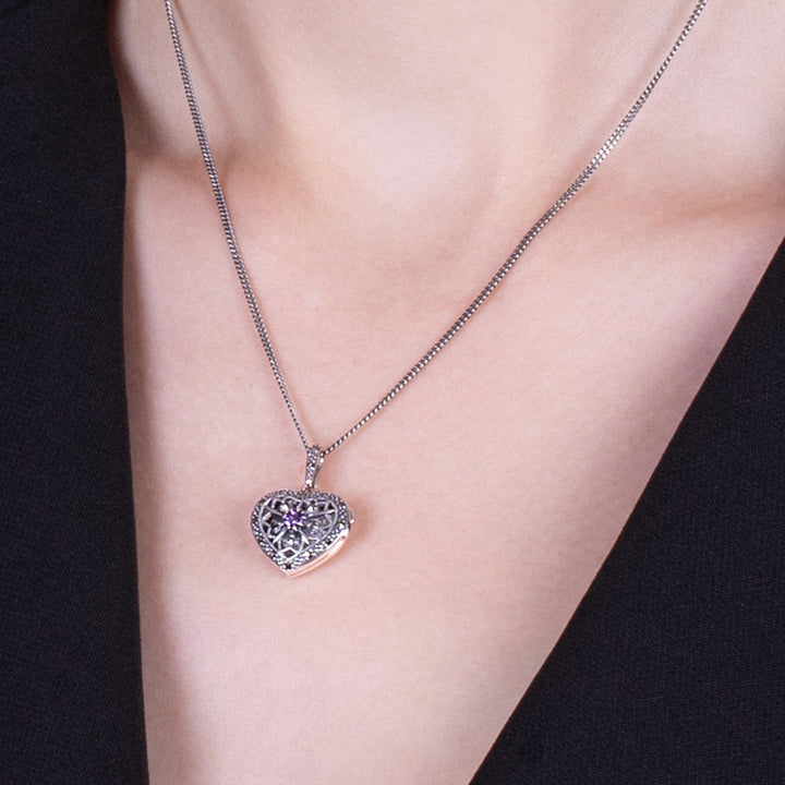 Collar de corazón redondo de amatista y marcasita estilo Art Nouveau en plata de ley 925