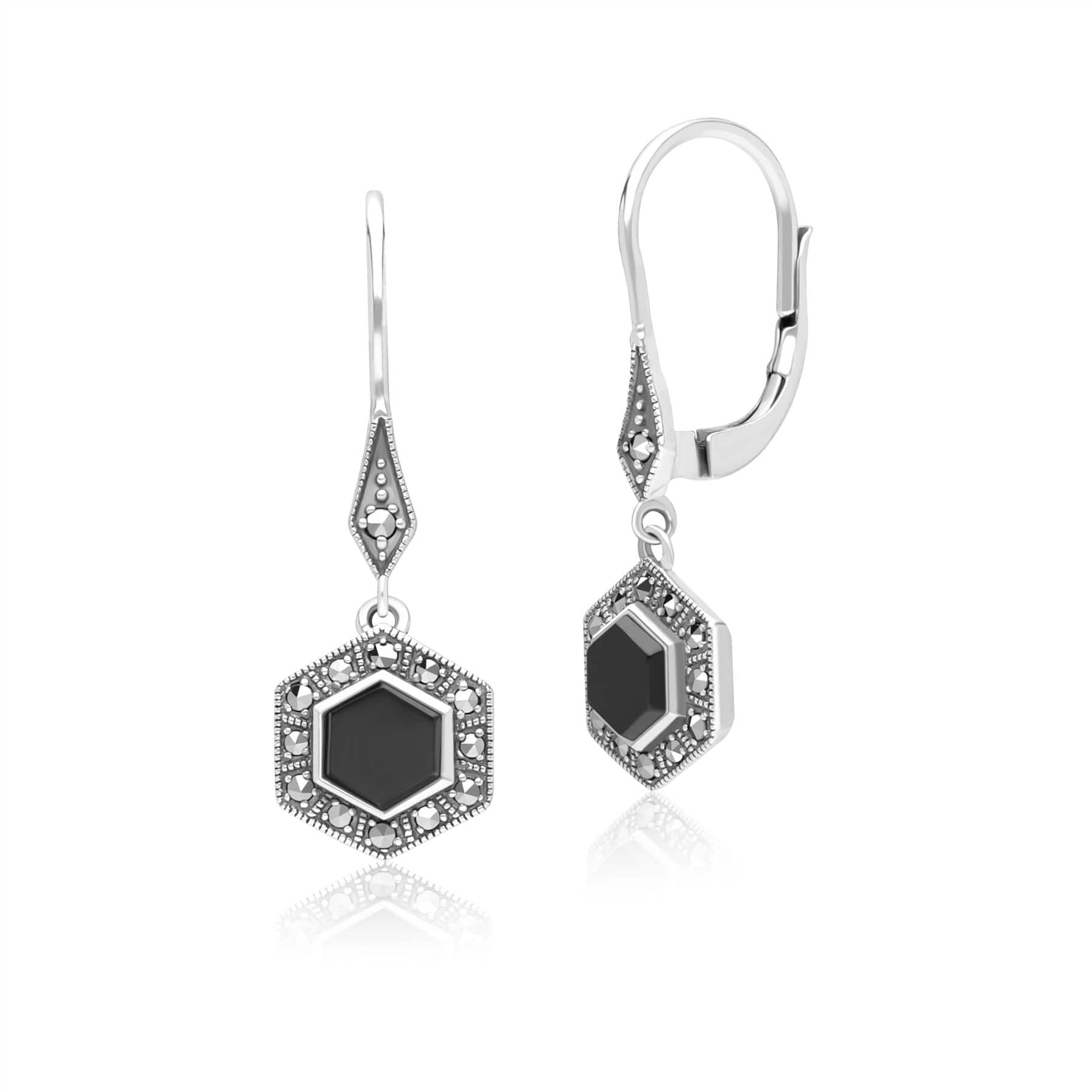 Art Deco Style Hexagon Onyx and Marcasite Drop Earrings in Sterling Silver 214E936002925 