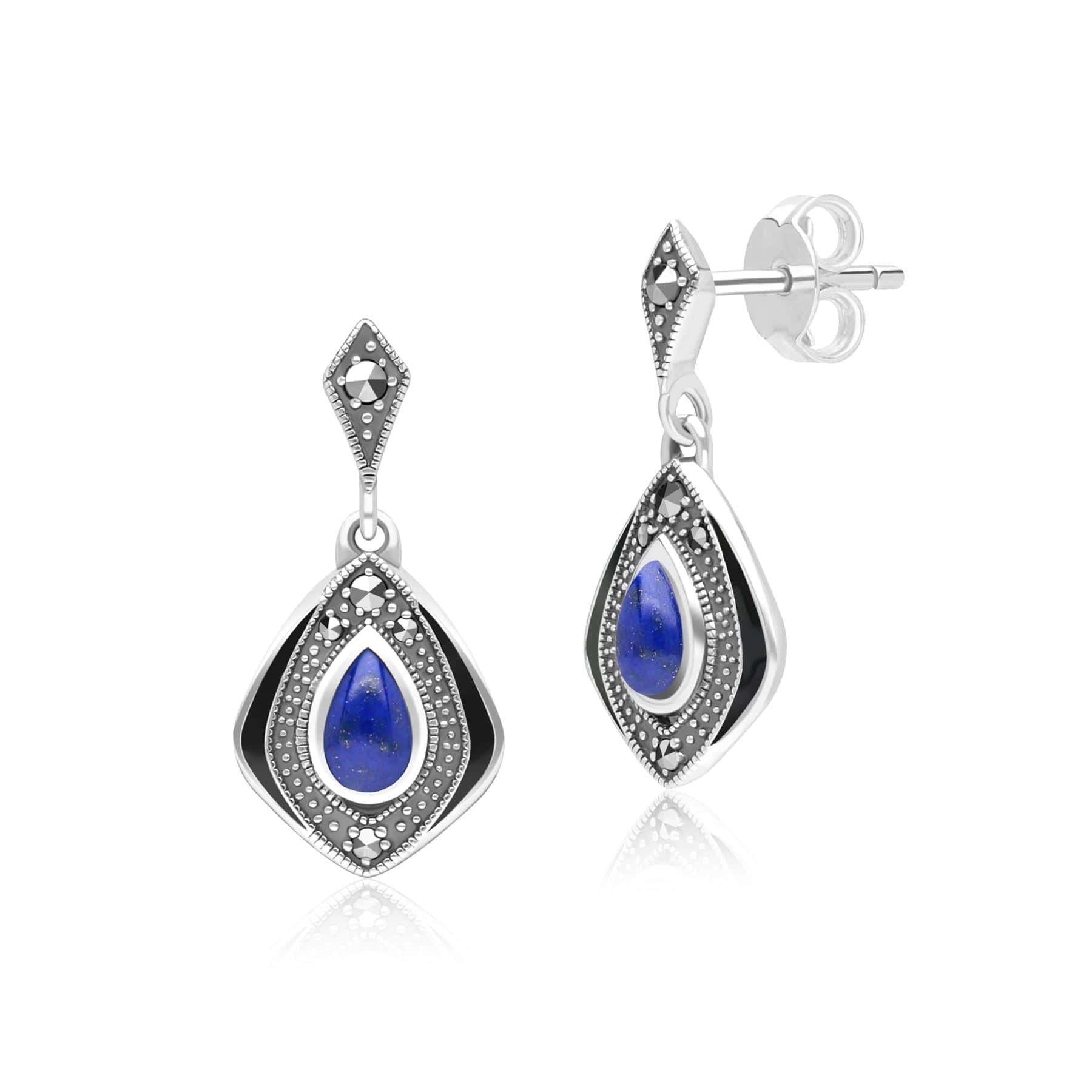Art Deco Style Kite Lapis Lazuli and Marcasite Drop Earrings in Sterling Silver 214E936202925 