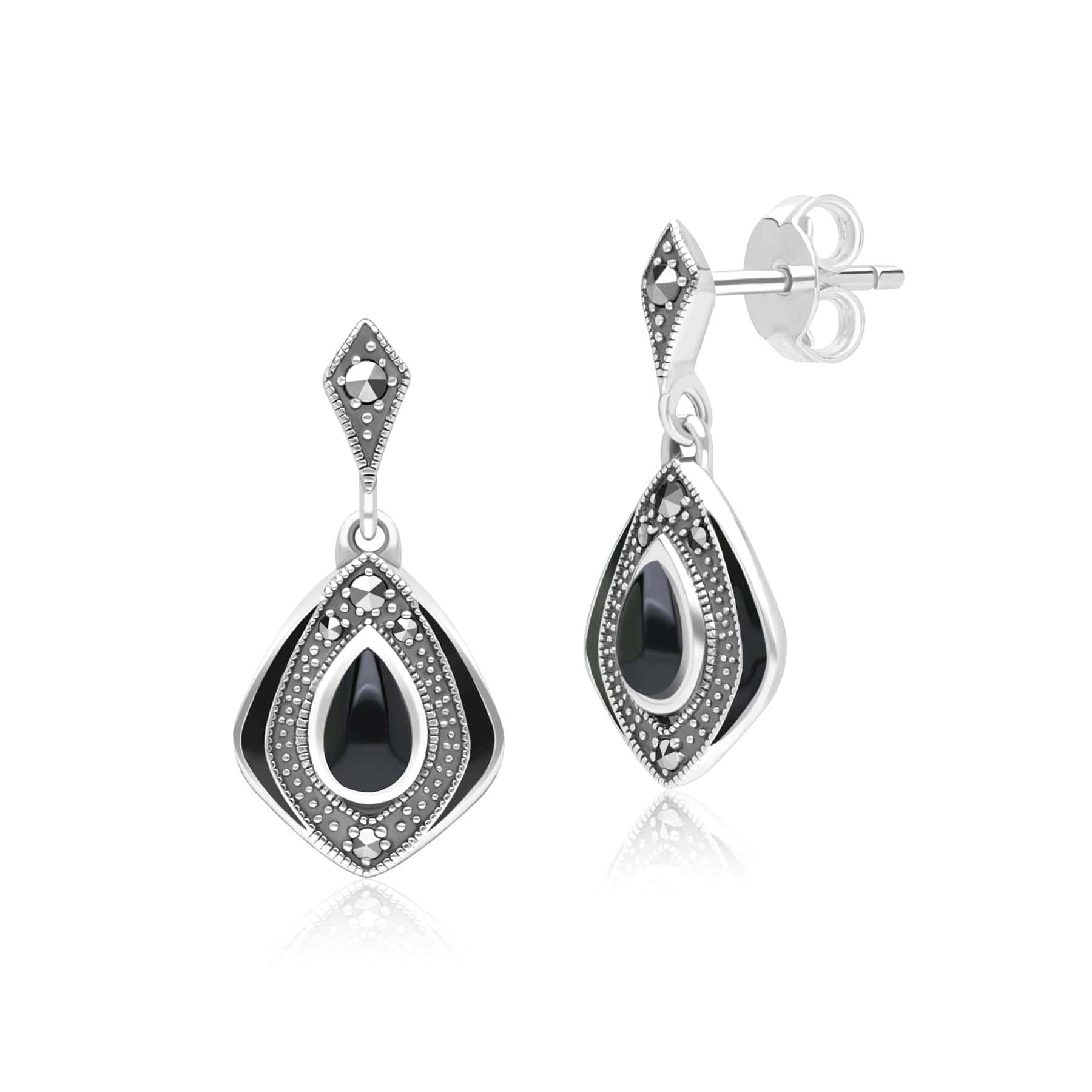 Art Deco Style Kite Onyx and Marcasite Drop Earrings in Sterling Silver 214E936201925 